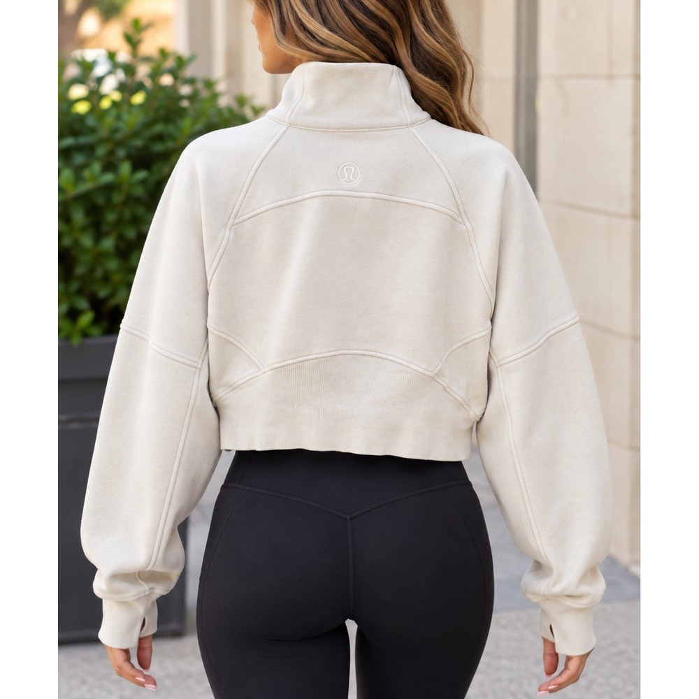 Lululemon Women Cream Scuba Oversized Half Zip Cropped Pullover Sweatshirt M/L - Picture 2 of 16